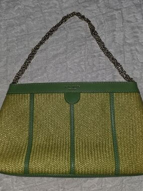 Kate Spade New York Woven Straw Shoulder Bag with Green Leather Trim